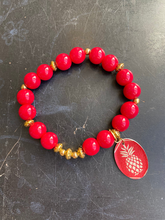 Red Glass and Gold Bead with Pineapple Tin Charm Bracelet