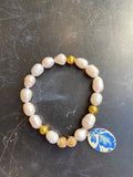 Freshwater Pearl and Gold Rhinestone Tin Charm Bracelet