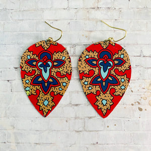 Red and Tan Tapestry Teardrop Tin Earrings