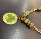 Green Shamrock Circle Tin Necklace with Green Shell Bead