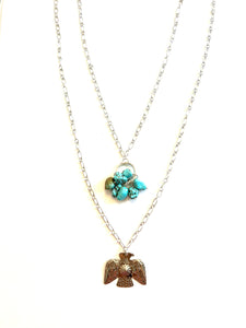 Adjustable Silver Thunderbird and Turquoise Beads Tin Necklace