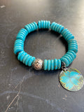 Natural Turquoise and Black Glass Beads with Silver Tin Charm Bracelet