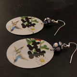 Flower Oval with Blue Bird Tin Earrings with Beads
