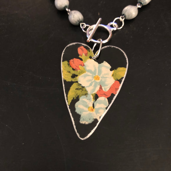 Floral Heart Tin Necklace with Job’s Tears Beads