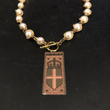 Coat of Arms with Crown and Faux Pearls Tin Necklace