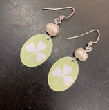 White Shamrock Oval Tin Earring with Freshwater Pearls