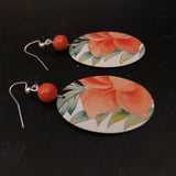 Orange Flower with Green Leaves Tin Earrings with Beads
