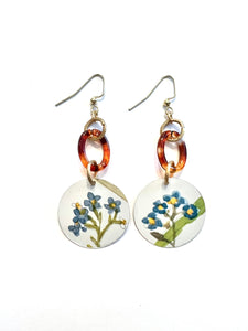 Blue Floral Circle Tin Earrings with Tortoiseshell Loop