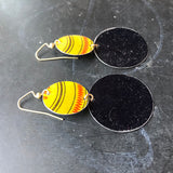 Two Tiered Gold Striped and Black Circle Tin Earrings